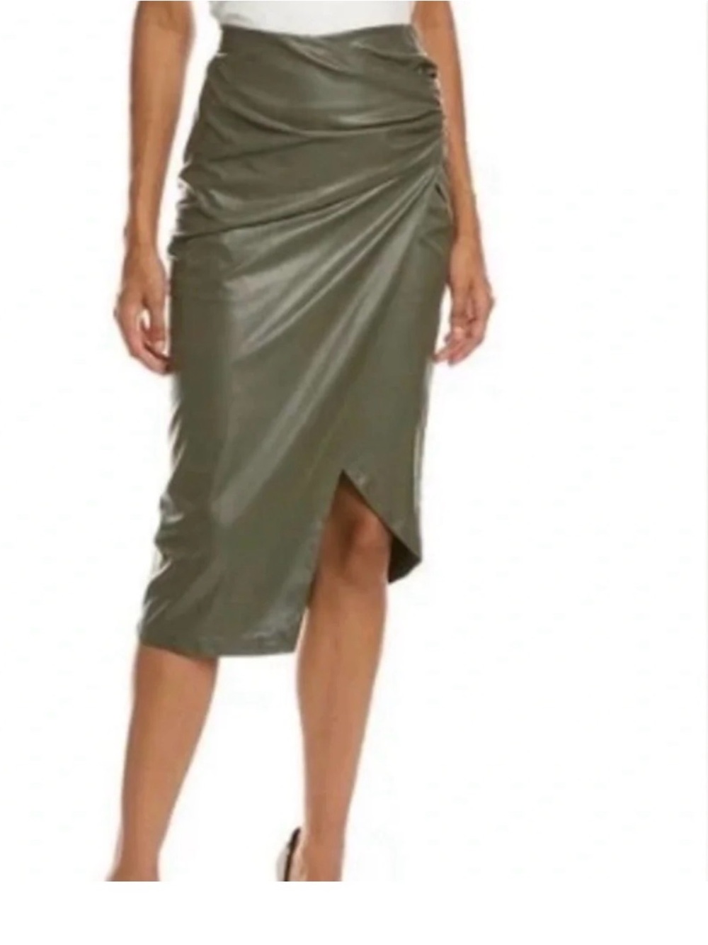 Helmut Lang Olive Green Faux Leather Ruched Midi Skirt